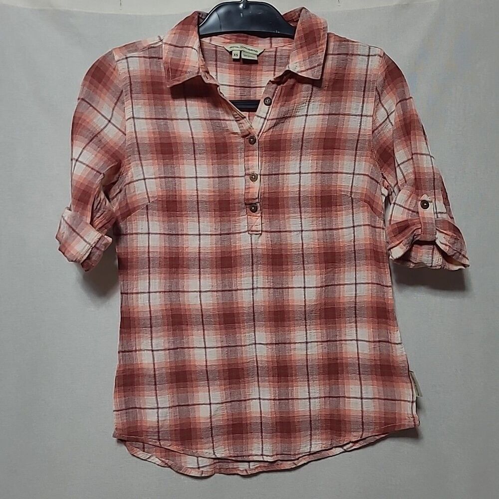 Royal Robbins Popover Top Womens Size XS Plaid Pink Roll Tab Sleeves Buttons